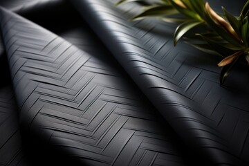 Black woven fabric drapes with plant; studio shot, texture background