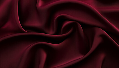 Obraz premium A high-resolution, photorealistic image of deep burgundy silk fabric with smooth folds and subtle sheen, set against an isolated dark background. The texture is detailed and realistic, capturing the s