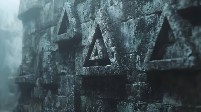 3D Illustration Ancient Stone Wall with Triangle Symbols