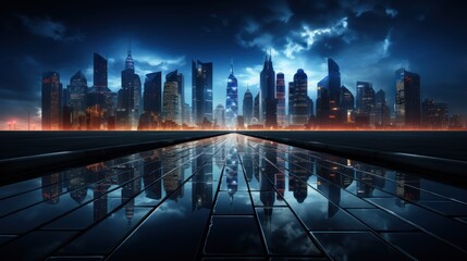 Obraz premium Night city skyline reflected on wet road, stormy clouds