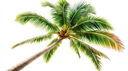 Tropical palm tree against white sky, vacation backdrop