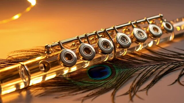 A beautifully crafted flute resting on a vibrant peacock feather, captured in an artistic composition
