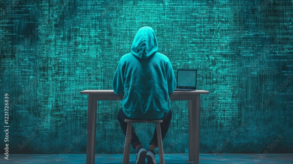 Poster abstract digital anonymous hacker with light blue laptop and ai chip. technology electronics backgro