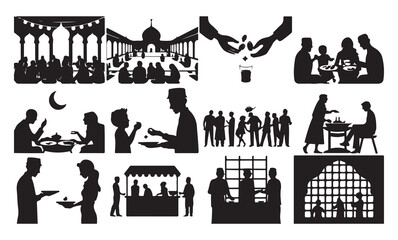 Muslim family sitting together at the dining table. Pray before breaking the fast. Ramadan Kareem concept. The Seder table Ramadhan