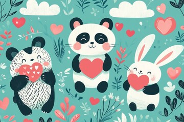 Cute pandas and bunny holding hearts, floral background, Valentine's Day card