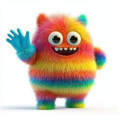 Rainbow-striped monster with soft fluffy fur and a friendly wave, placed on a bright white background