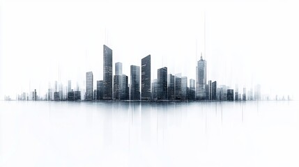 Modern city skyline reflection, urban landscape, white background, architectural design