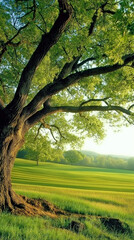 Obraz premium Majestic tree towering over green meadow, tree casting shadow on sunlit grass, tree enhancing scenic landscape, surrounded by rolling hills and distant trees for a tranquil view