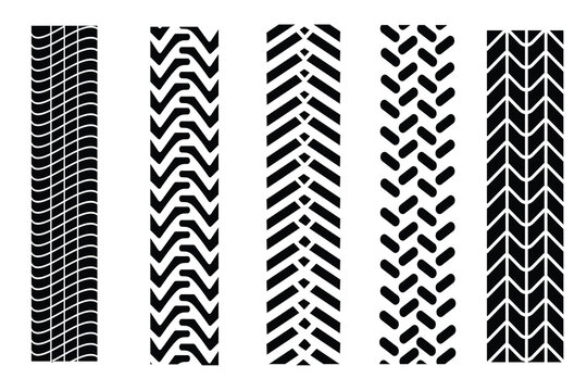 Car tire tracks vector, icon design. Tire treads, silhouette of tread marks for cars and vehicles. Wheel tires traces, motorcycle, car tread tracks, vehicle racing isolated icons. Vector illustration.