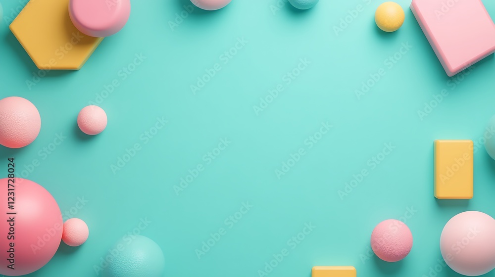 Poster playful colorful geometric shapes on a soft teal background for creative design and artistic project