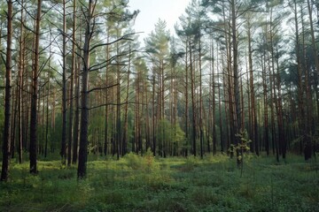 Naklejka premium Sunlight is reaching the forest floor through tall pine trees