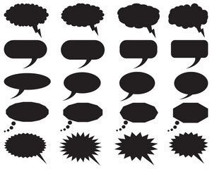 Black speech bubble set on a white background	