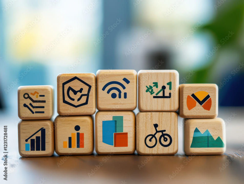Poster wooden blocks with business growth icons, strategy symbols, and analytics graphics create vibrant di
