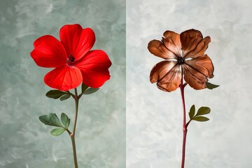 A vivid red flower contrasted with a dried, brown flower, representing the cycle of life and decay. Aging vs. Fresh Bloom, Beauty and Decay