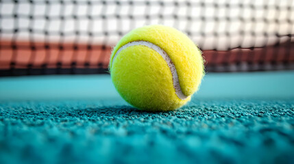 Tennis ball on court, net blurred background, sport