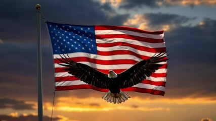 A powerful digital artwork of a majestic eagle soaring with the American flag in the background - Powered by Adobe