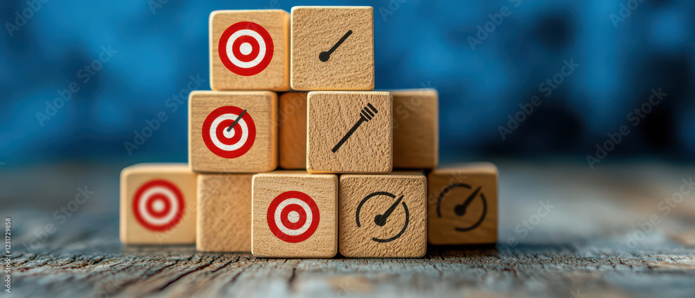Poster wooden cube blocks with target icons stacked on wooden surface, symbolizing business goals and strat