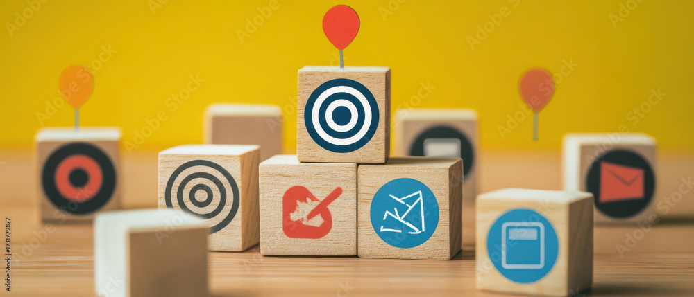 Poster wooden cube blocks with target icons and business symbols arranged creatively, symbolizing goals and