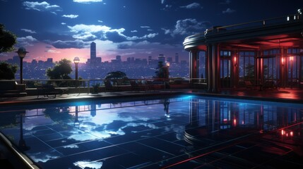 Obraz premium Night cityscape penthouse poolside luxury