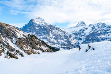 Winter landscape with snow covered peaks seen from the First mountain in Swiss Alps in Grindelwald...