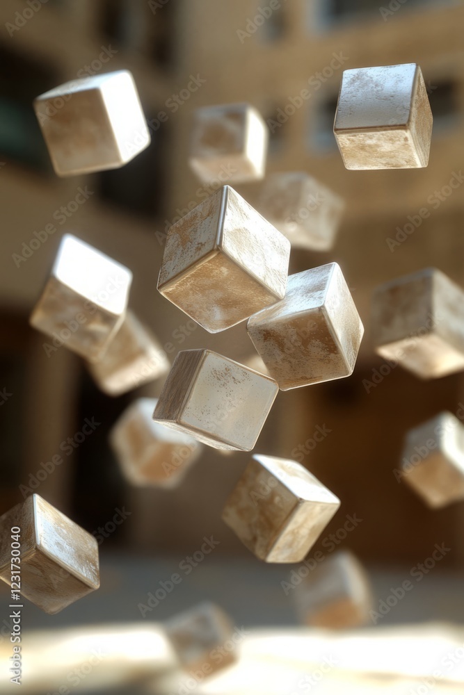Poster dynamic image of metallic cubes suspended in mid-air, perfect for abstract and modern design themes.