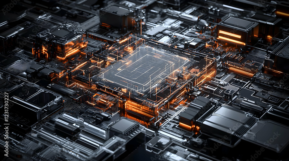 Poster futuristic cpu, glowing circuits, tech background, data processing