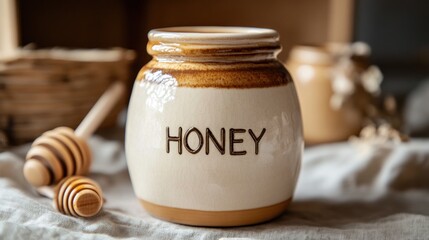 Ceramic honey pot with honey dippers.