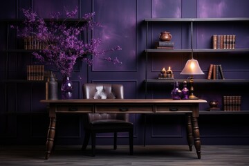 Purple room, desk, bookshelves, flowers, lamp, evening ambiance, interior design