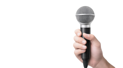 Closeup, hand holds microphone against vibrant plaid background audio, sound, and voice capture