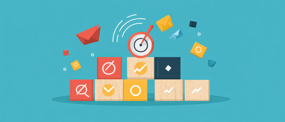 Achieve business goals with colorful wooden cubes symbolizing targets, surrounded by envelopes and icons representing communication and success