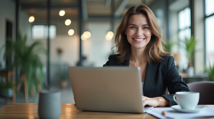 a woman sits at a laptop in the office