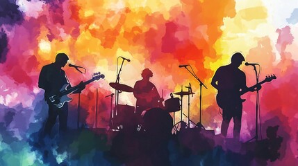 Fototapeta premium Vibrant Watercolor Illustration of Band Live Performance on Street