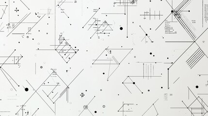 A modern and clean pattern of mathematical equations, matrices, and graphs, arranged in a geometric layout, black text on a white background for a minimalist aesthetic.