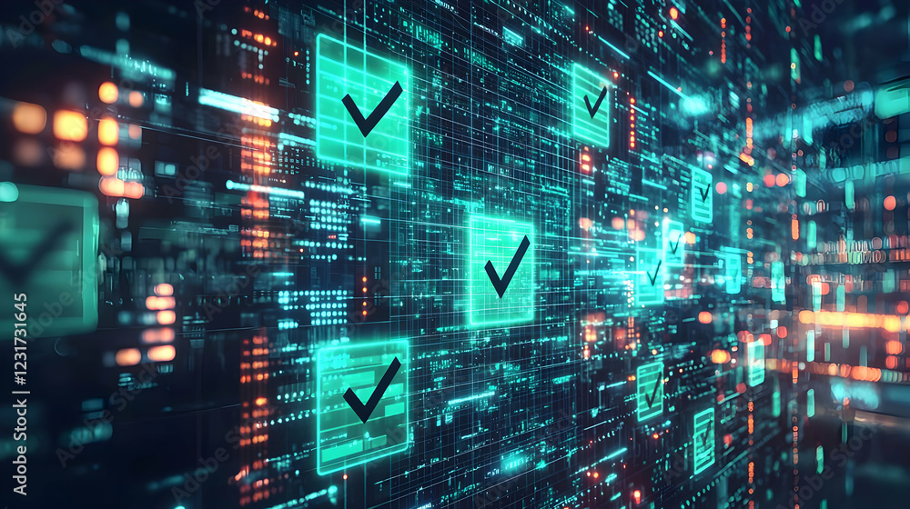 Poster digital security check; data flow background