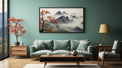 Misty mountain art decorates modern living room