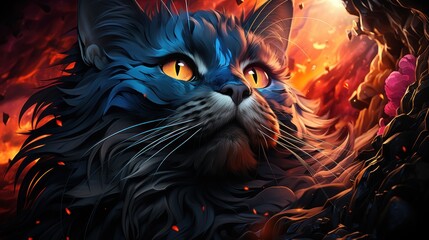 Majestic cat portrait, fiery landscape, digital art, fantasy game asset