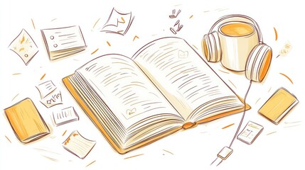 Open book, coffee, headphones, notes; studying; home office