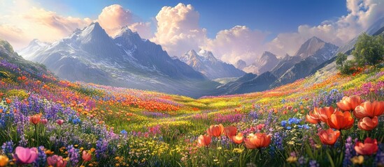 Vibrant landscape of colorful flower fields with lush greenery and majestic mountains under a blue sky with fluffy clouds in the background