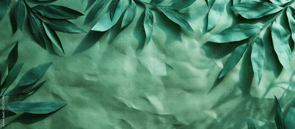 Poster green textured background with overlapping dark green leaves positioned on the top and bottom edges 