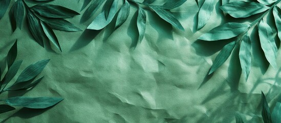 Green textured background with overlapping dark green leaves positioned on the top and bottom edges creating a natural, organic feel.