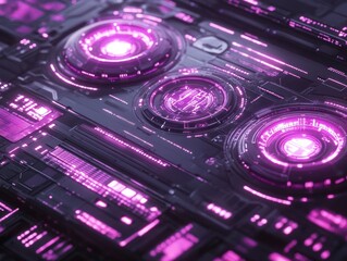 Futuristic Tech Interface, Pink Glowing Circuits, Abstract Background, Digital Art