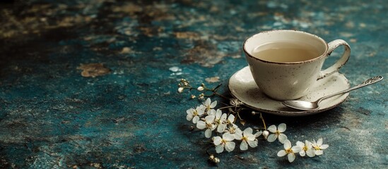 Vintage cup and teaspoon with delicate wild white flowers on a dark stone table, creating an olive green toned background for typography design.