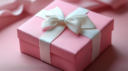 Obraz premium Pastel pink gift box tied with a ribbon and bow.