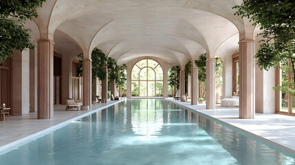 Fototapeta premium Indoor pool, luxury resort, tranquil garden view, relaxation
