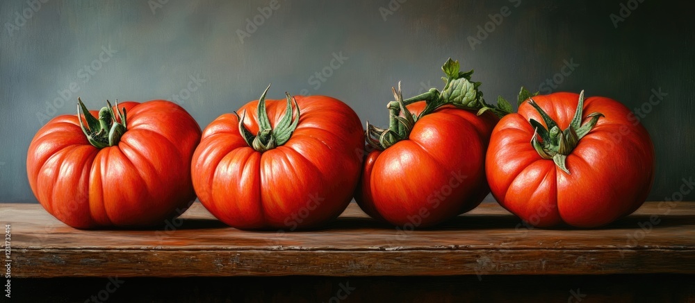 Aufkleber large glossy red tomatoes arranged on a rustic wooden table with a dark background highlighting thei