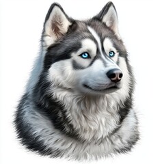 Obraz premium Siberian Husky with bright blue eyes and a thick fluffy coat, isolated on a clean white background