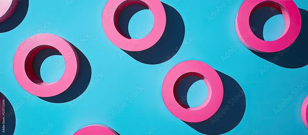 Poster vibrant pink circular shapes positioned randomly against a bright blue background, enhanced by dynam
