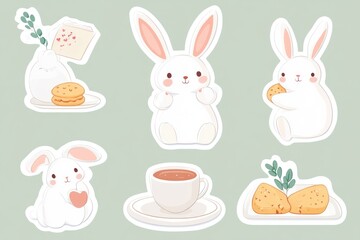 Obraz premium Cute bunnies enjoying tea and cookies; pastel background; ideal for children's books