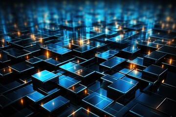 Obraz premium Futuristic blue cubes glow; data center background; digital tech concept