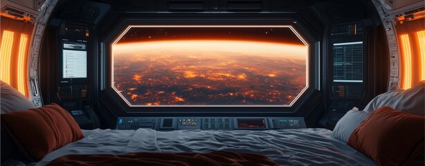 A futuristic bedroom with a stunning view of a planet, featuring sleek technology and warm lighting, creating a cozy yet sci-fi atmosphere.